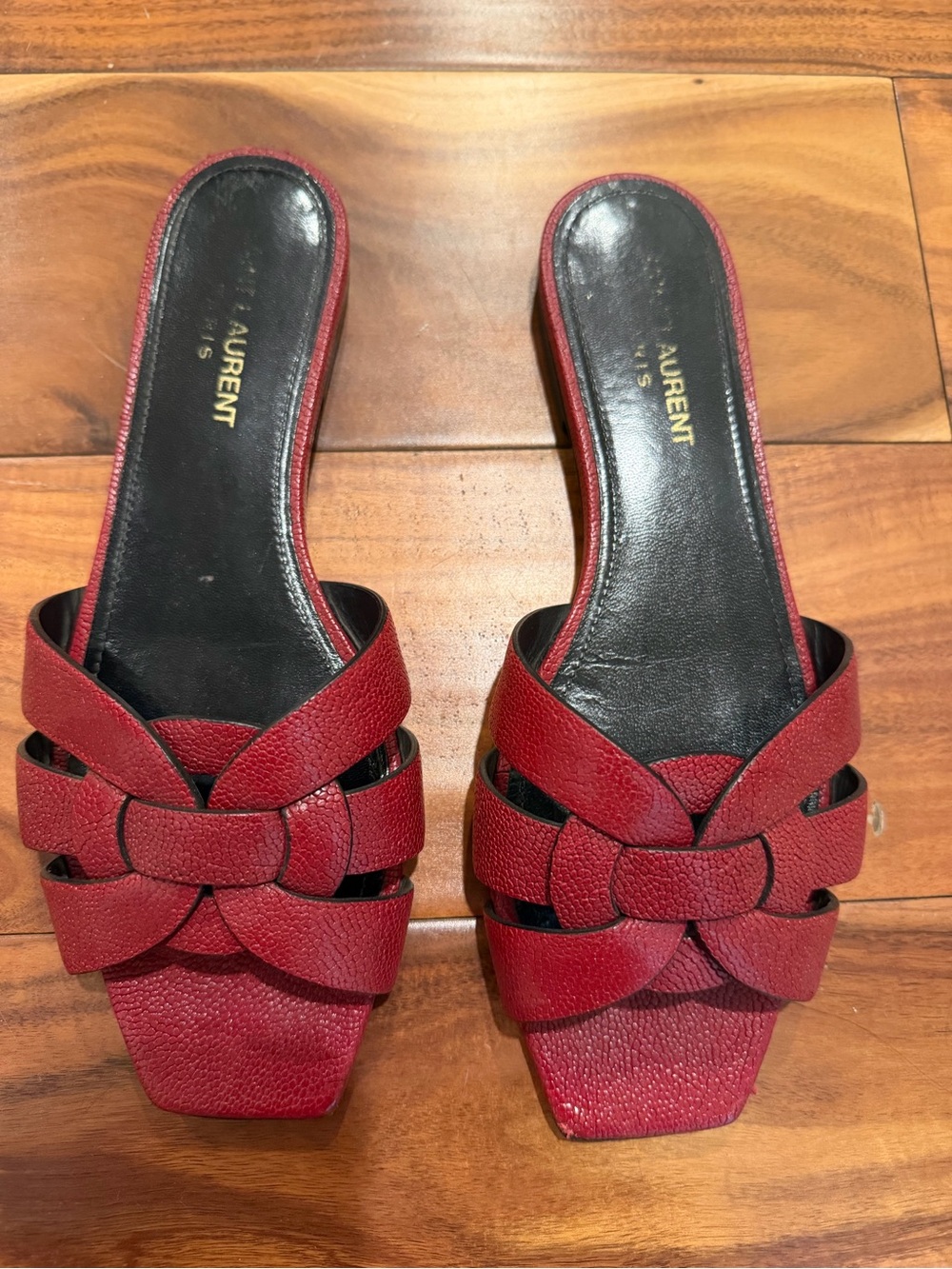 Yves Saint Laurent Red Woven Leather Slide Mules